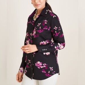 Chico’s Sateen Floral Print No-Iron Cotton Blouse Size 1 (Standard Size 8/10)